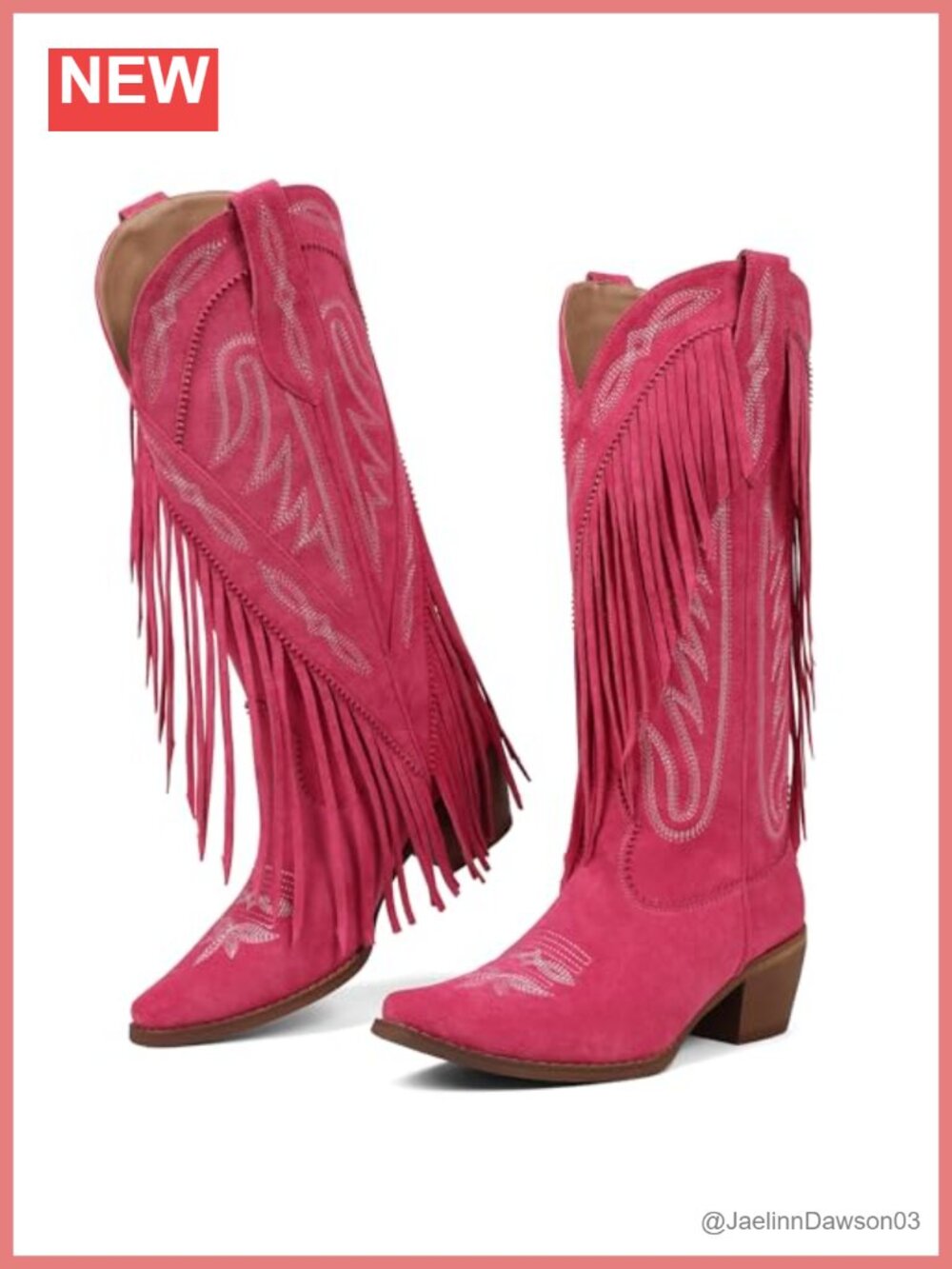 Cowgirl Boots Women Retro Block Chunky Suede Fringe Pull On Knee High Western